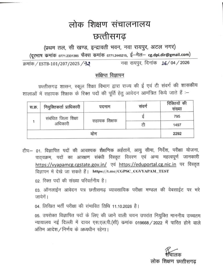 छत्तीसगढ़ सहायक शिक्षक भर्ती 2292 पदों पर सुनहरा अवसर | पूरी जानकारी, पात्रता, आवेदन प्रक्रिया